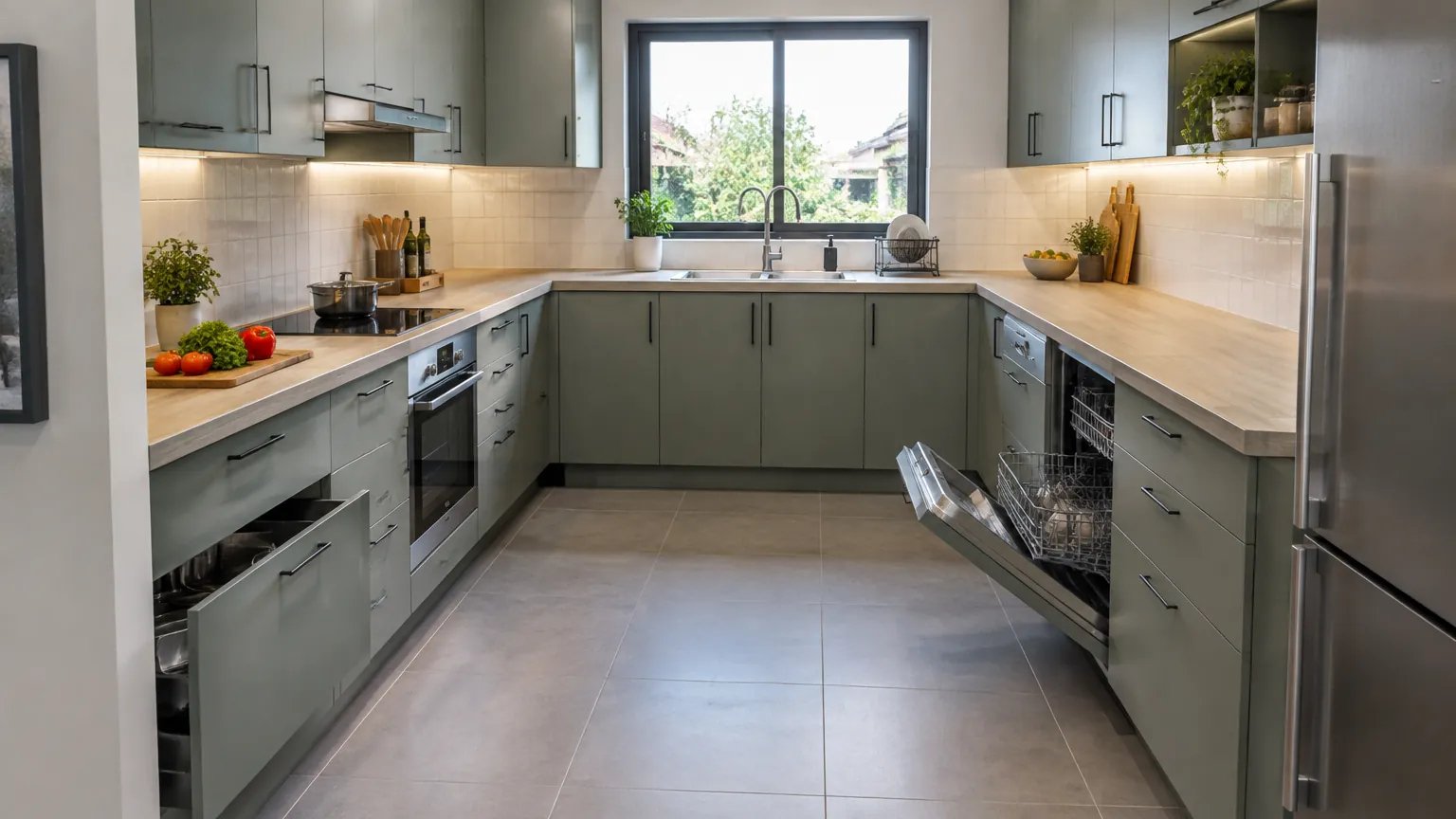 Kitchen set berbentuk U dengan kabinet hijau