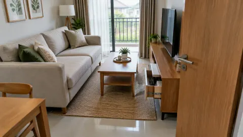 Ruang keluarga dengan sofa, kabinet televisi, dan jalur ke balkon