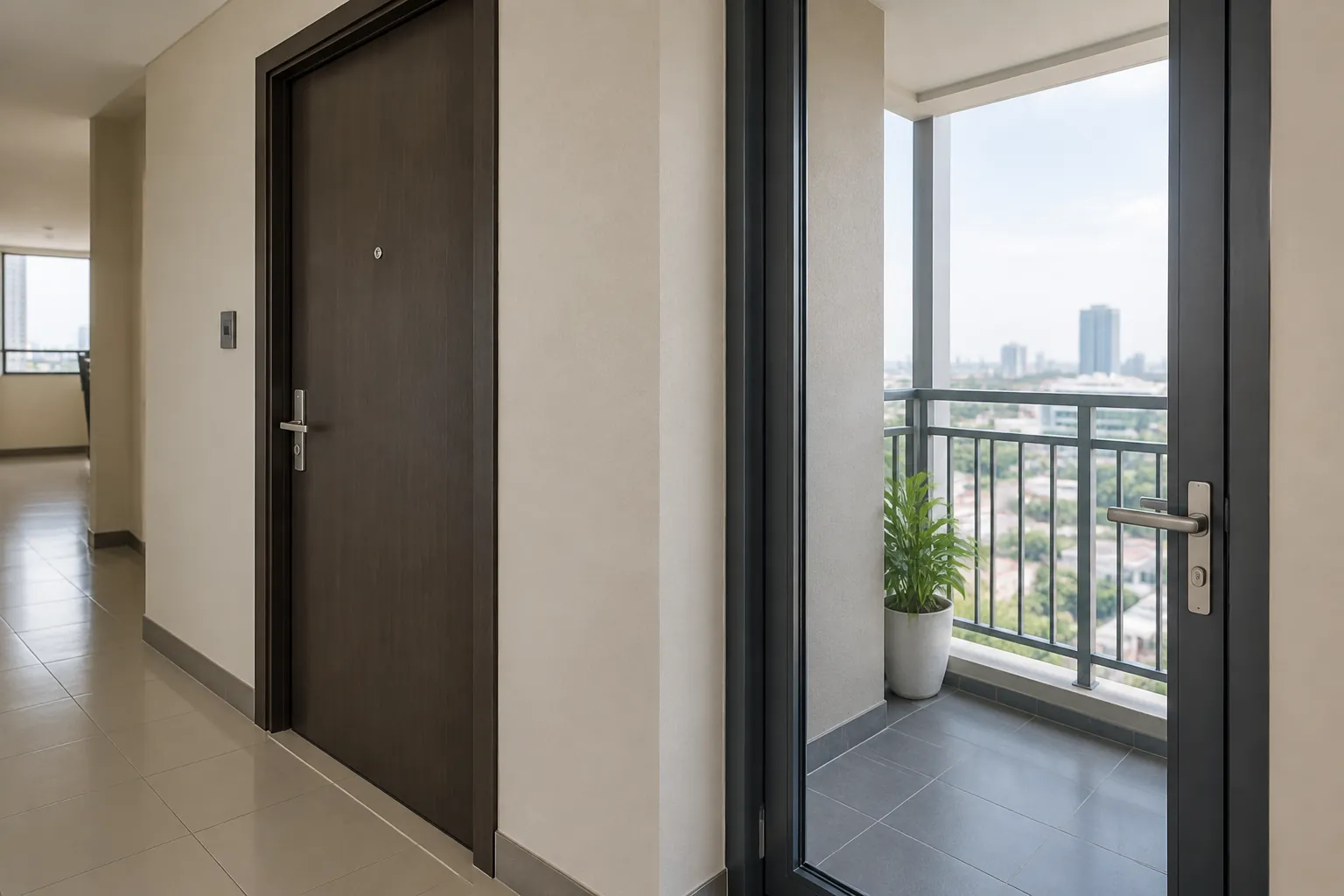Pintu koridor apartemen dan pintu balkon menuju ruang luar