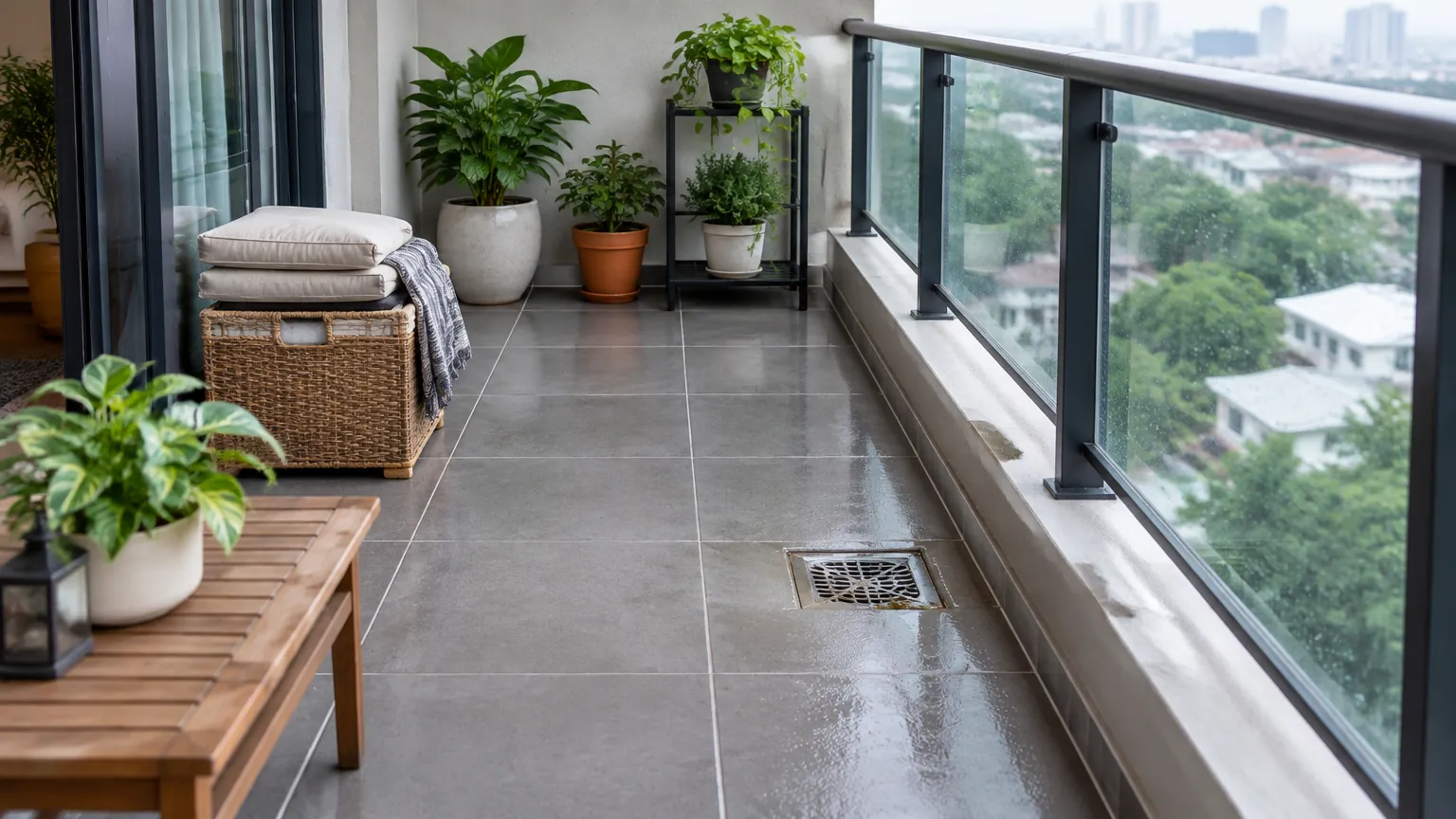 Balkon basah setelah hujan dengan tanaman dan drainase