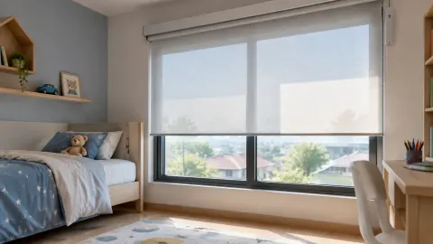 Tirai gulung menutupi sebagian jendela kamar anak