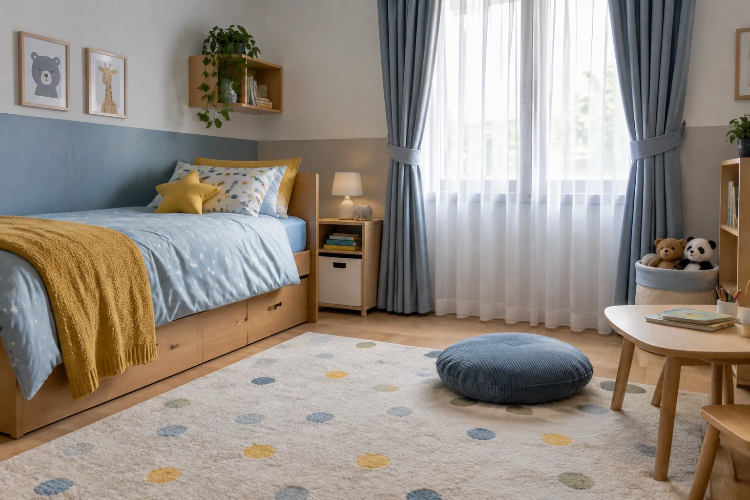 Tirai, karpet, selimut, dan bantal digunakan di kamar anak