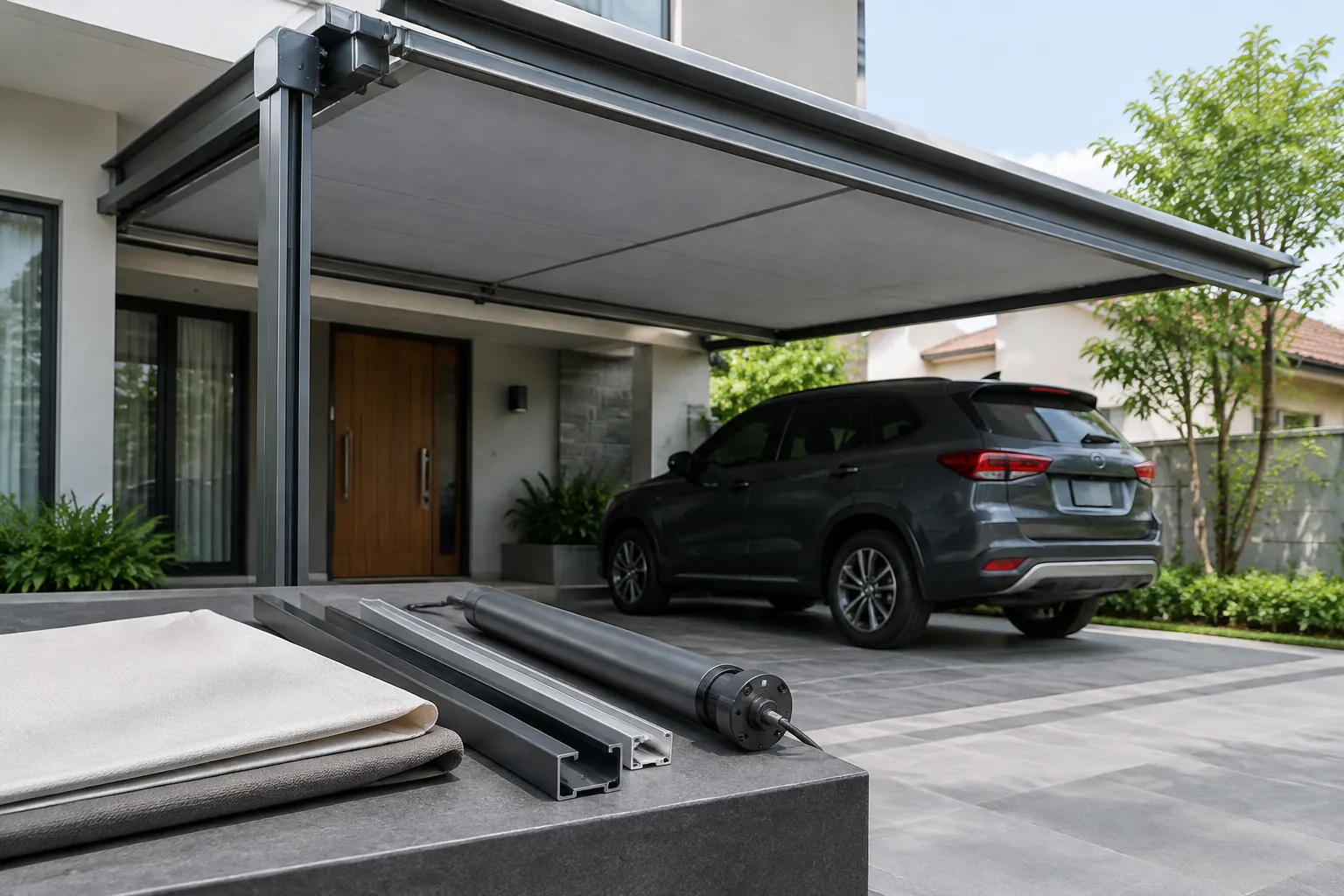 Rel dan komponen penggerak diletakkan di samping area carport