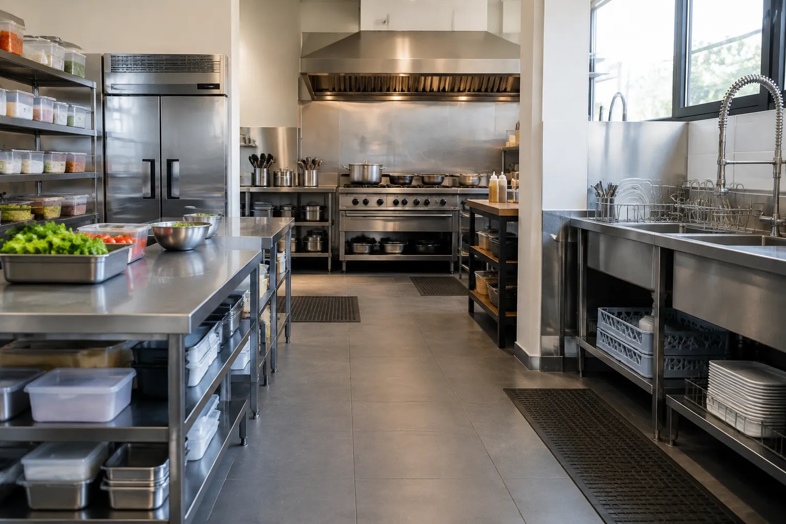 Dapur restoran dengan meja persiapan, kompor, dan bak cuci