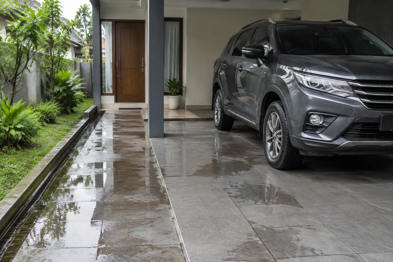 Air di jalur carport dekat saluran tepi