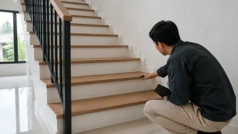Pekerja memeriksa ujung anak tangga di dekat railing