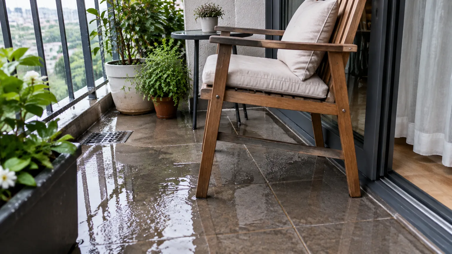 Lantai balkon basah di sekitar kursi dan pot tanaman