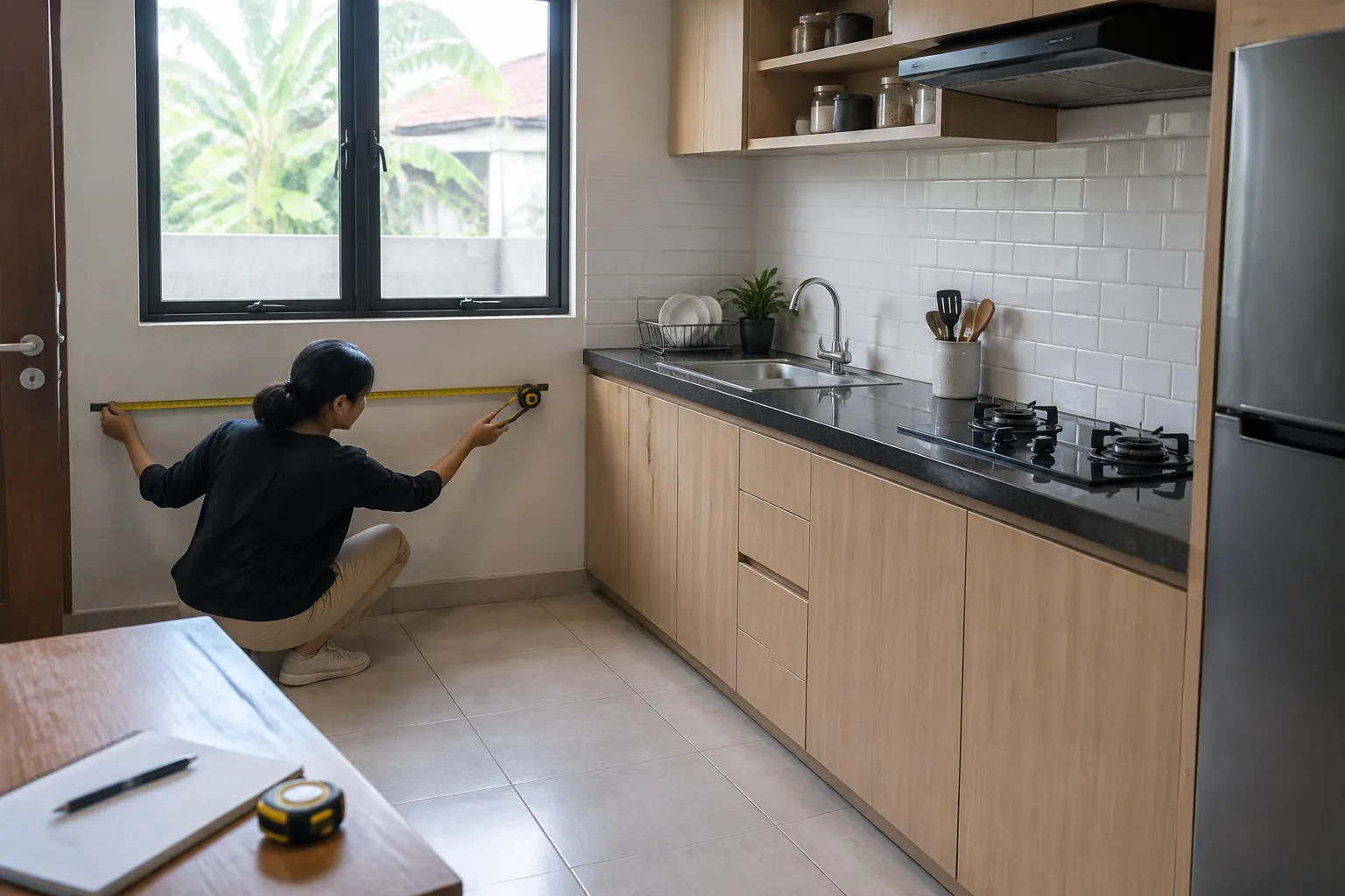 Pekerja mengukur dinding di samping kitchen set