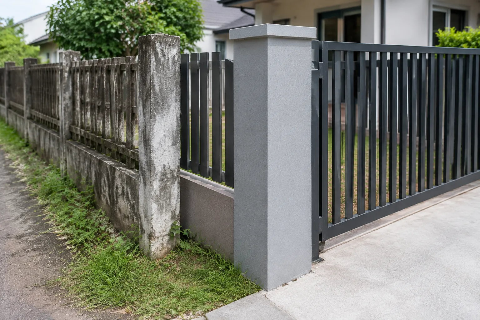 Pagar lama di samping pagar logam yang lebih baru