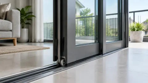 Pintu kaca geser ke balkon dengan rel lantai yang terlihat