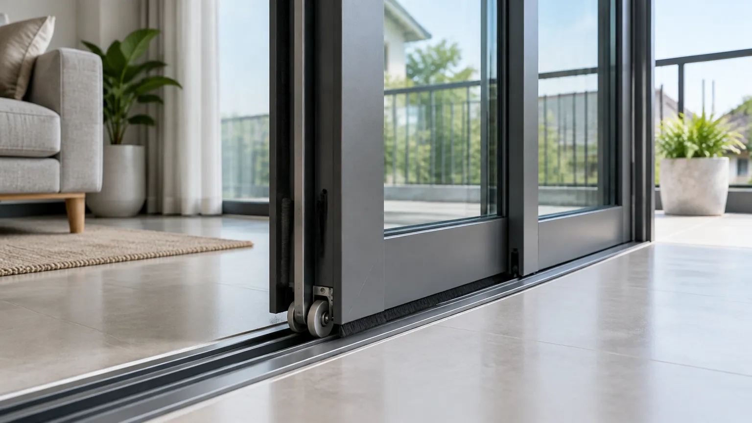 Pintu kaca geser ke balkon dengan rel lantai yang terlihat