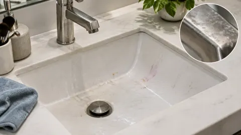 Noda pada wastafel dan keran logam