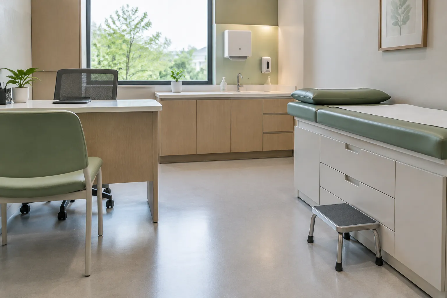 Ruang layanan klinik dengan meja, kursi, dan tempat pemeriksaan