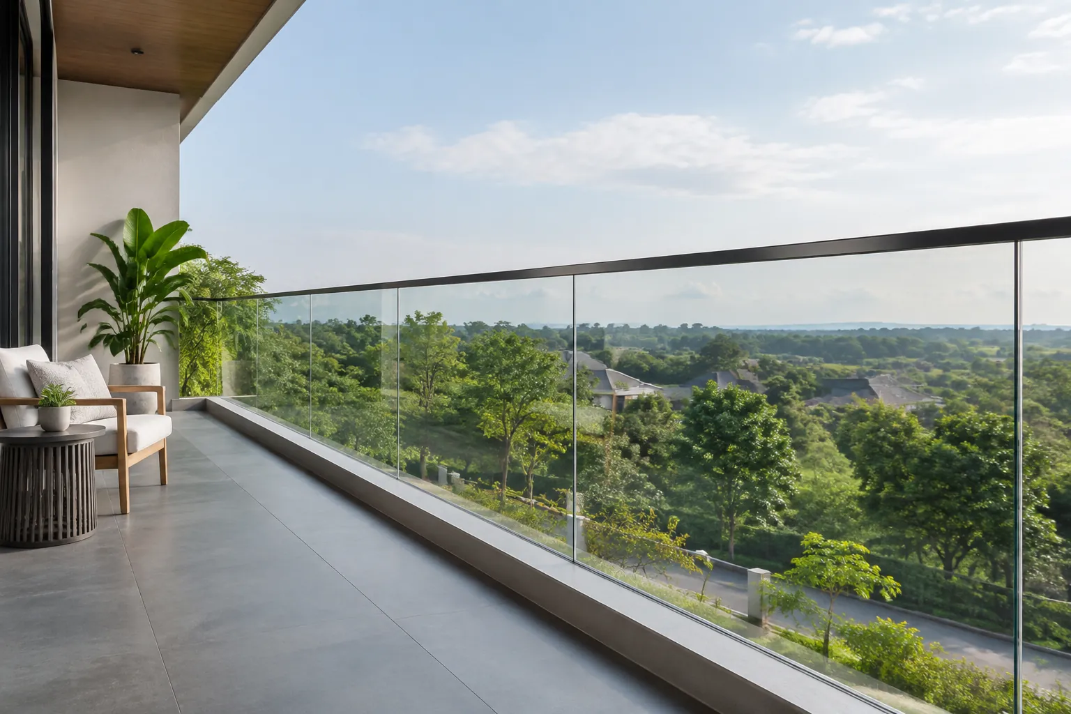 Pagar kaca bening berada di sepanjang balkon yang menghadap lanskap
