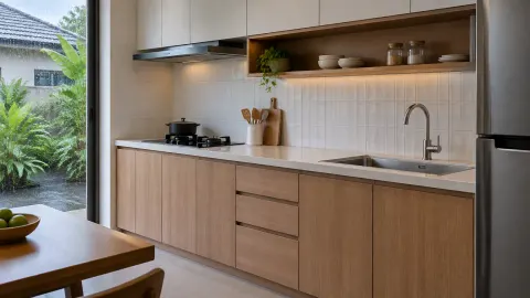 Kitchen set dengan kabinet kayu dan jendela dekat wastafel