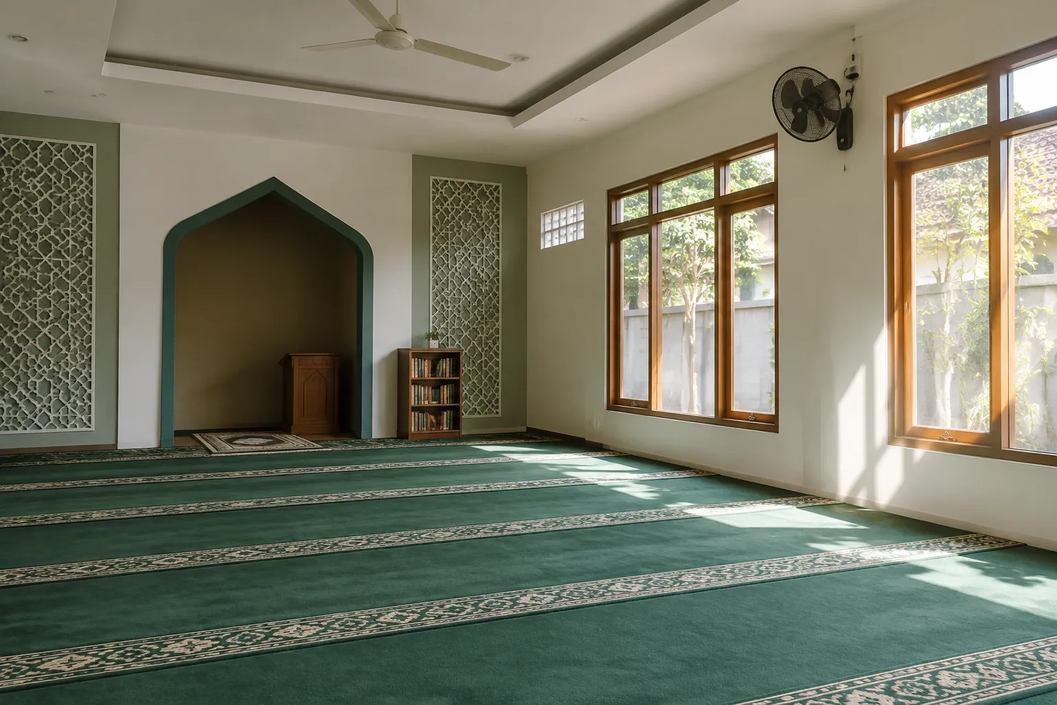 Sinar matahari masuk melalui deretan jendela ruang salat