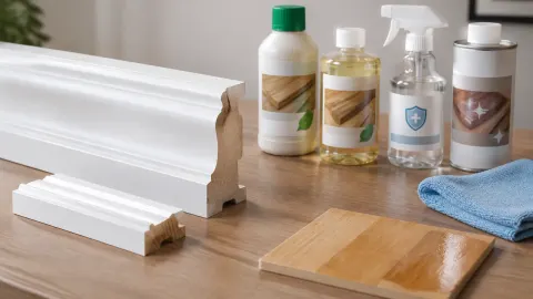 Sampel trim putih dan kayu di dekat beberapa botol perawatan