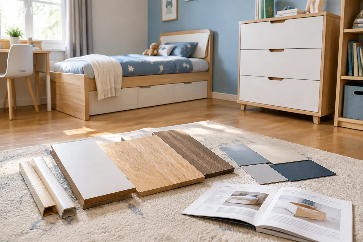 Contoh papan dan lapisan finishing furnitur disusun di lantai kamar anak