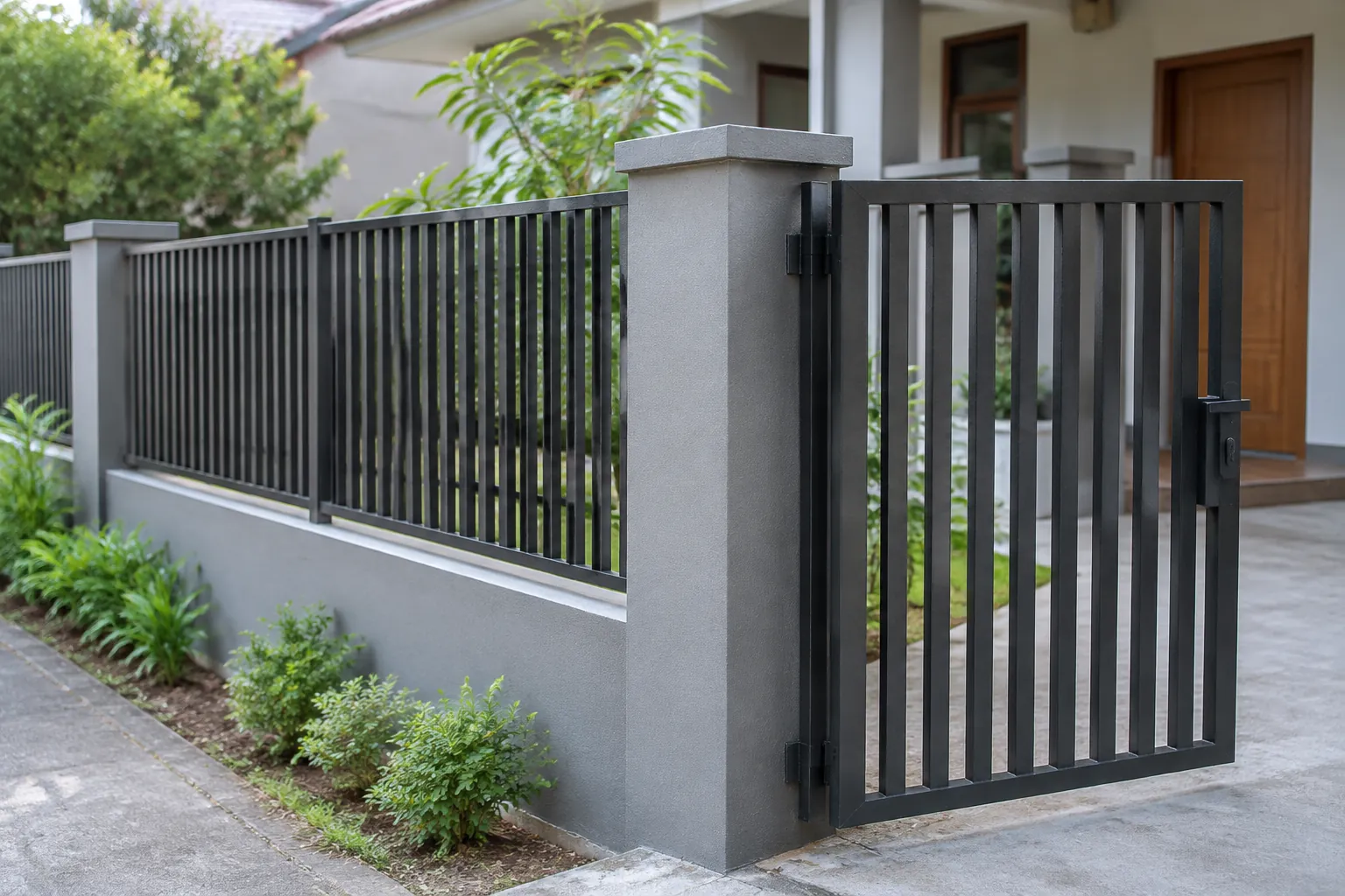 Gerbang besi dan pagar pada halaman rumah