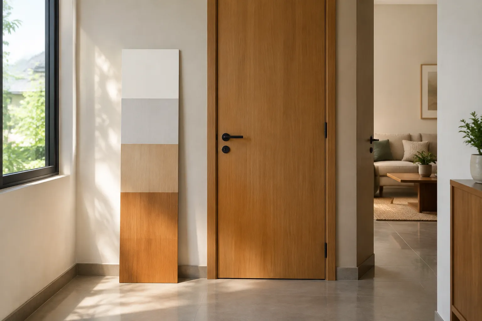 Pintu kayu interior dengan beberapa sampel finishing di dekatnya