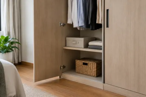 Lemari pakaian terbuka di kamar tidur
