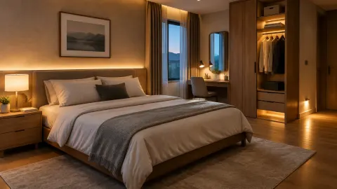 Kamar tidur dengan lampu meja dan cahaya tidak langsung