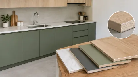 Sampel panel dan finishing di depan kabinet dapur hijau