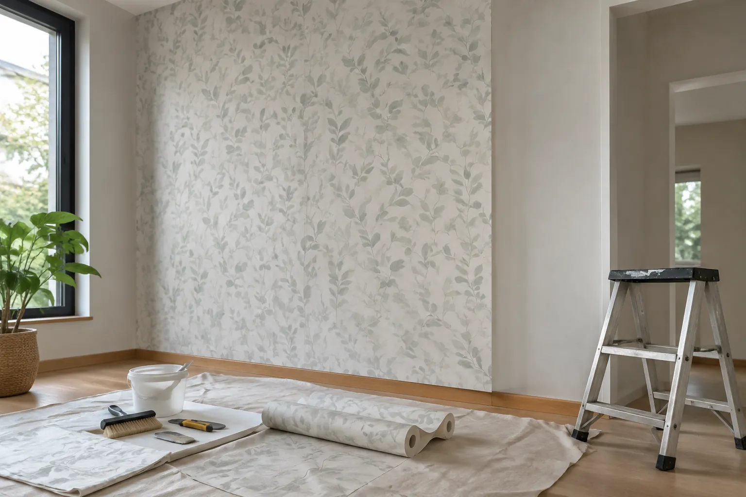Wallpaper motif daun dipasang pada satu bidang dinding ruang