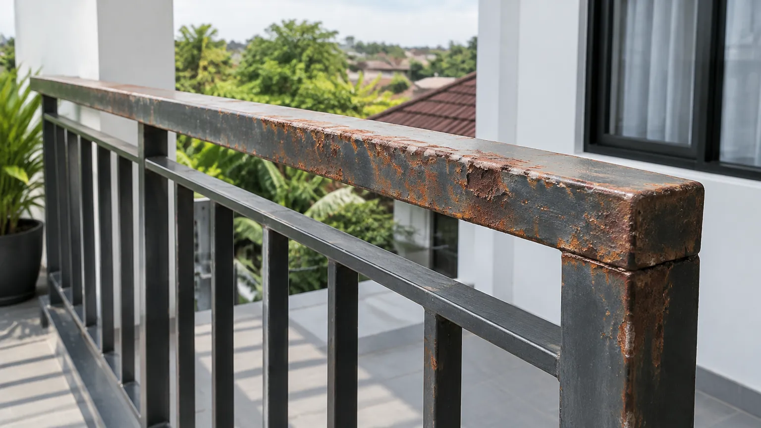 Pegangan railing balkon dengan karat di permukaan