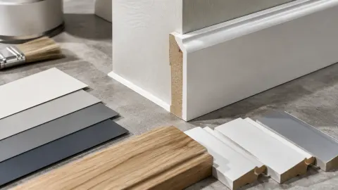 Sampel trim dan bahan finishing di meja dekat dinding