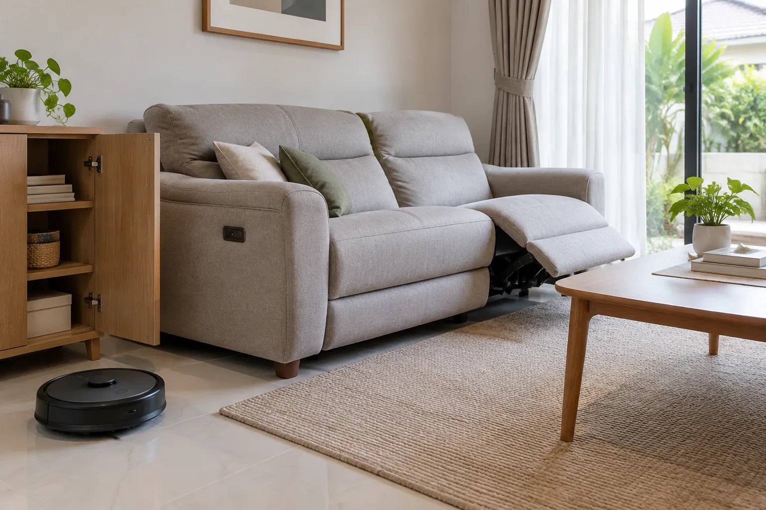 Sofa besar dengan sandaran kaki terbuka di ruang tamu