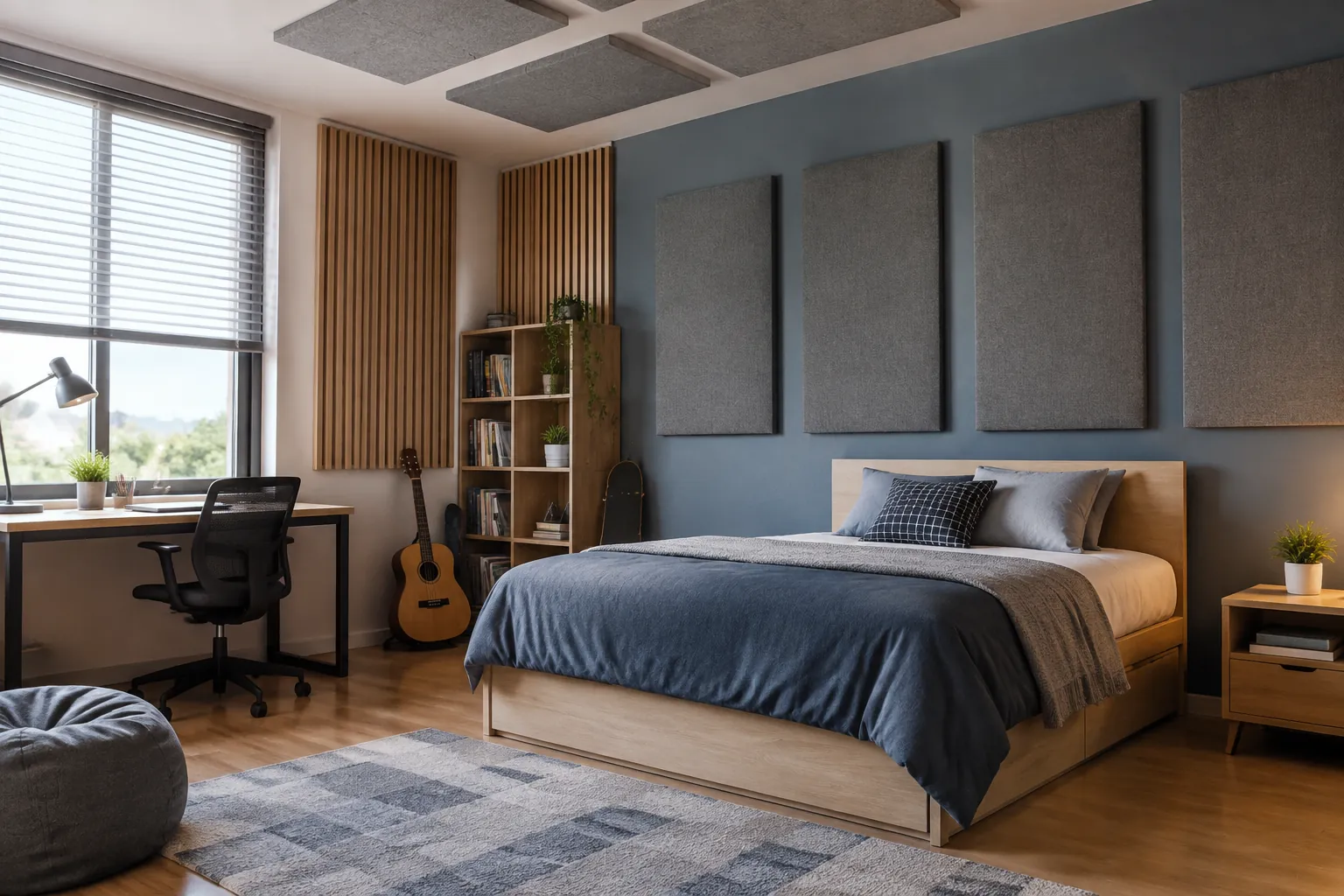 Contoh bahan berpori dan panel diletakkan di depan kamar remaja