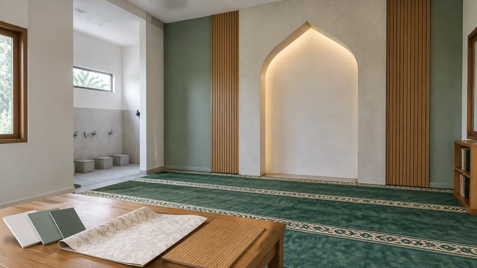 Musala dengan dinding aksen hijau, panel kayu, dan ceruk di depan