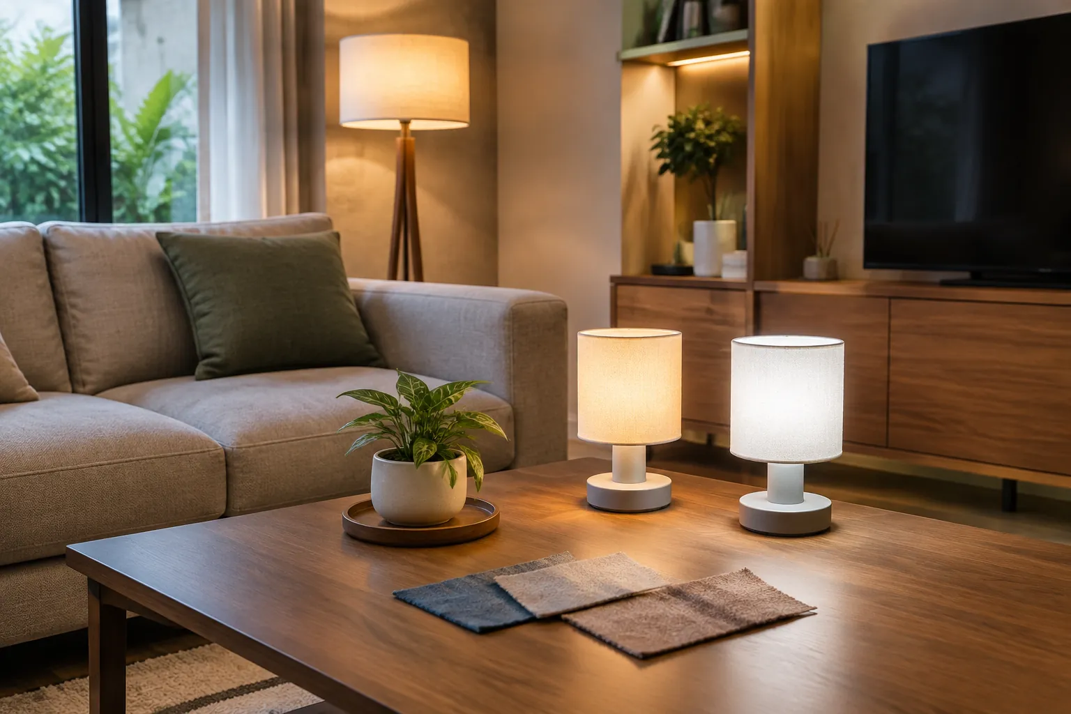 Lampu meja dan lampu lantai di samping sofa