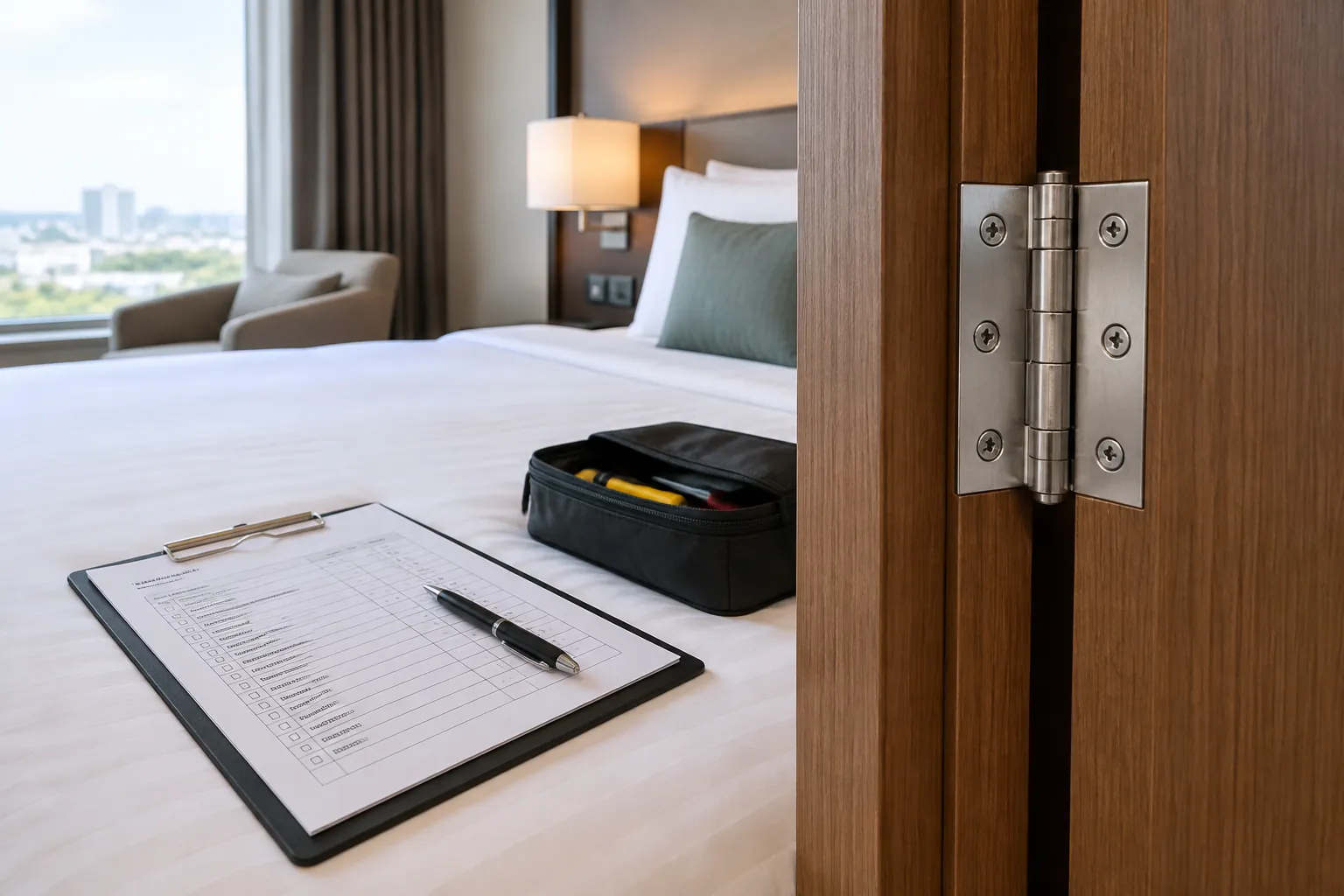 Engsel pintu dan daftar pemeriksaan di kamar hotel