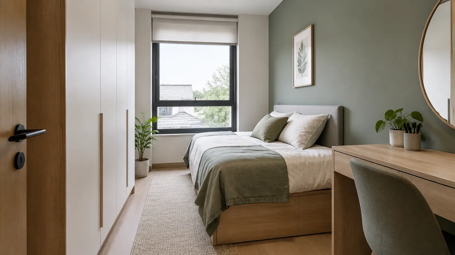 Kamar tidur sempit dengan tempat tidur dan lemari di sisi dinding