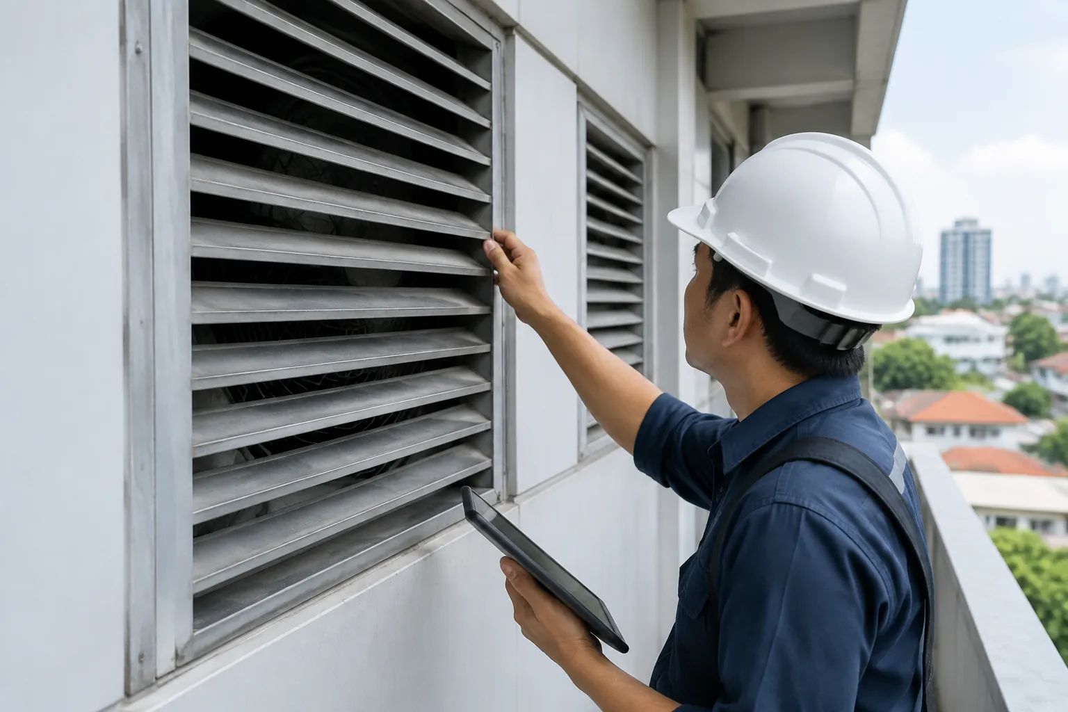 Petugas memeriksa kisi ventilasi pada fasad rumah