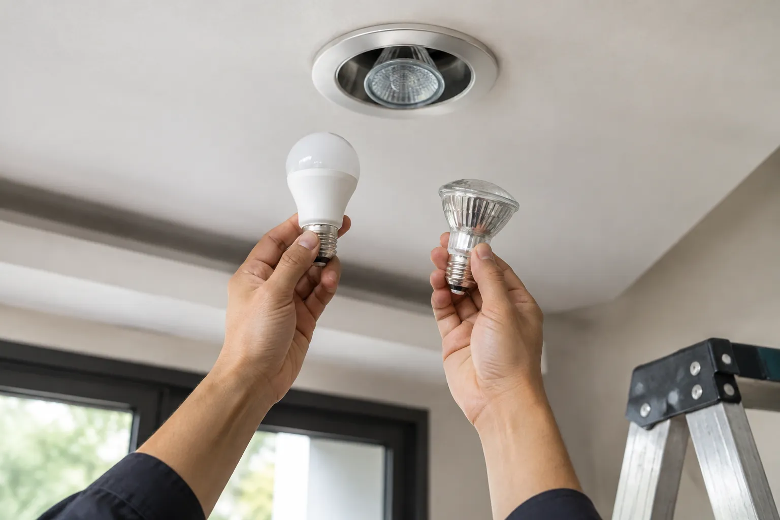 Dua lampu dipegang dekat fitting plafon.