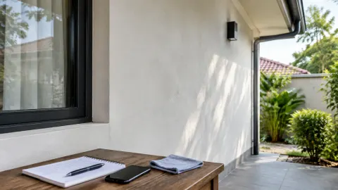 Dinding luar rumah dengan alat pemeriksaan di meja