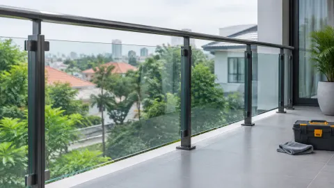 Railing kaca dan logam di tepi balkon