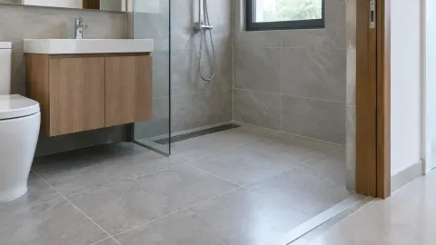 Kamar mandi dengan keramik lantai dan dinding abu