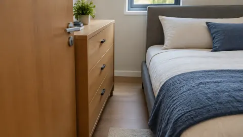 Tempat tidur dan lemari laci dengan jarak sirkulasi sempit di kamar tidur