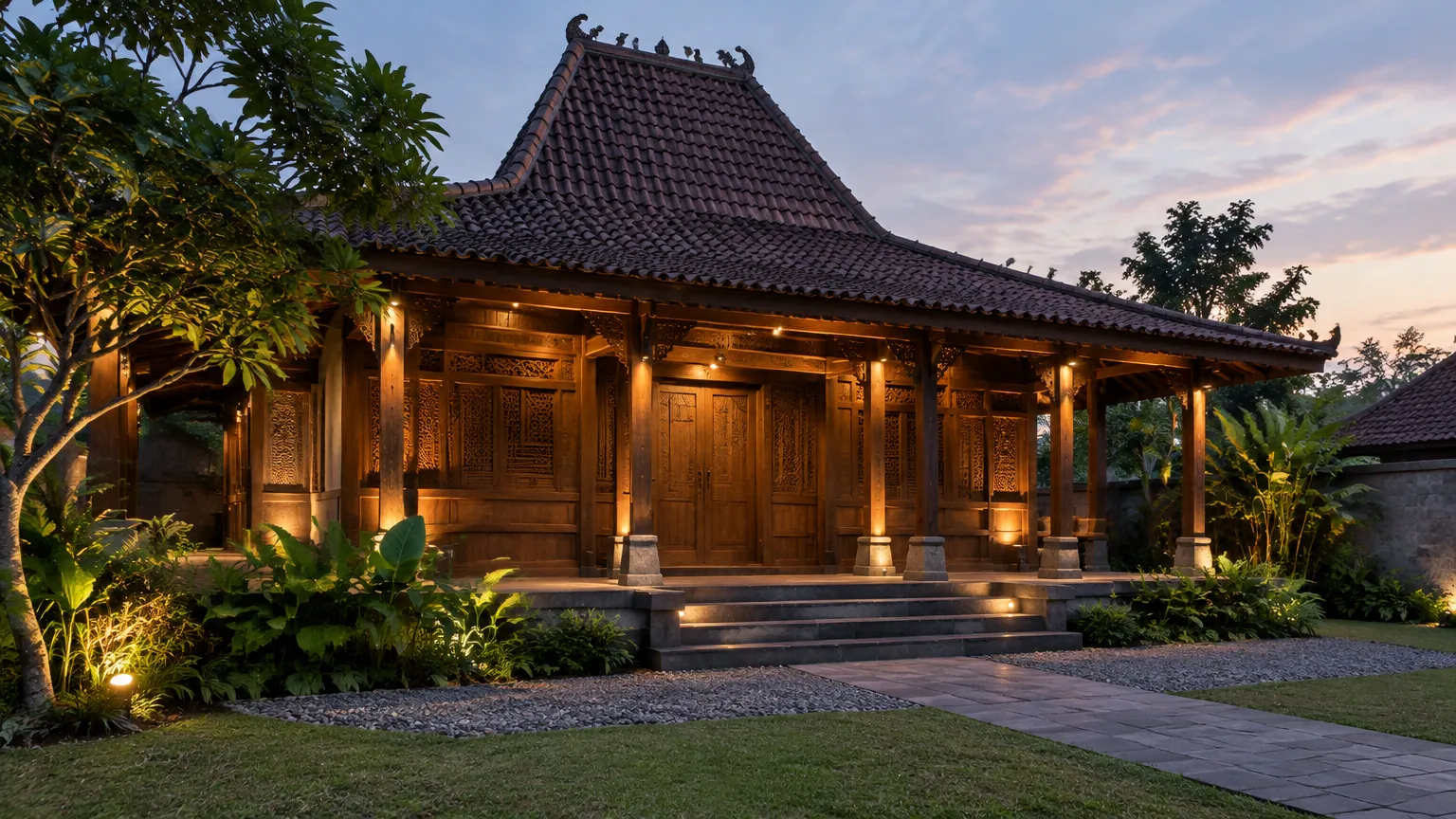 Rumah kayu bergaya tradisional dengan lampu fasad saat senja