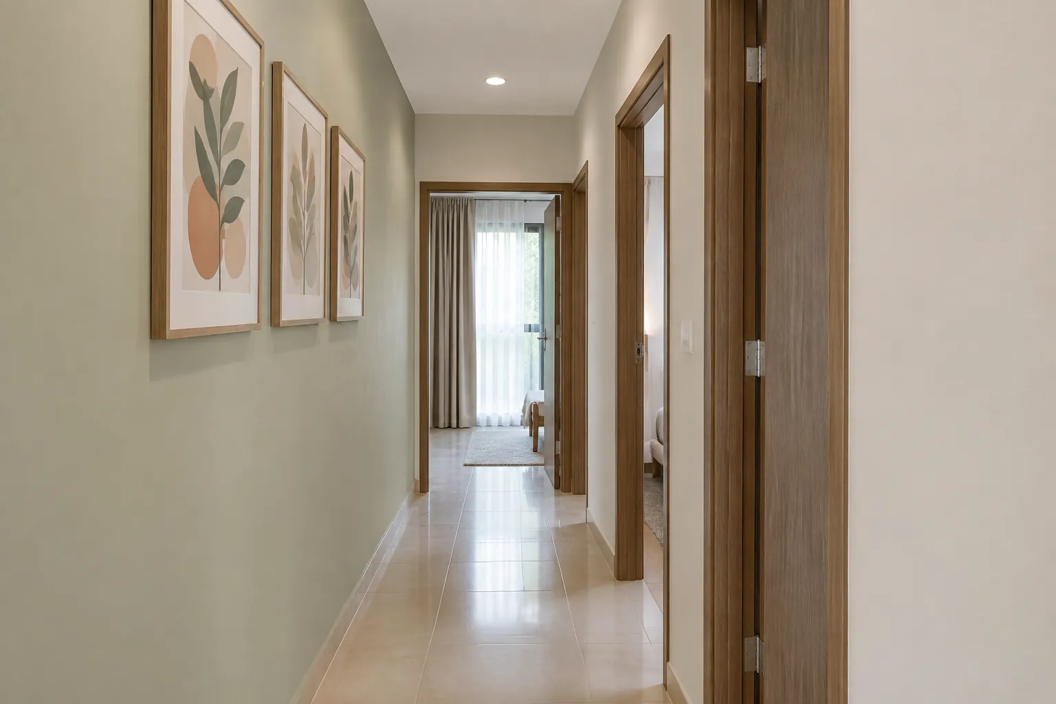 Lorong panjang dengan warna dinding muda dan bingkai gambar