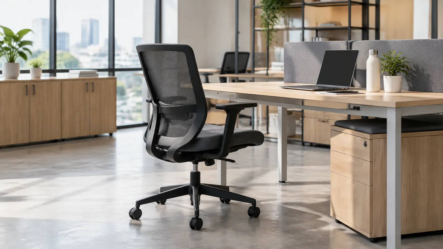 Meja kerja dan kursi kantor di dekat jendela