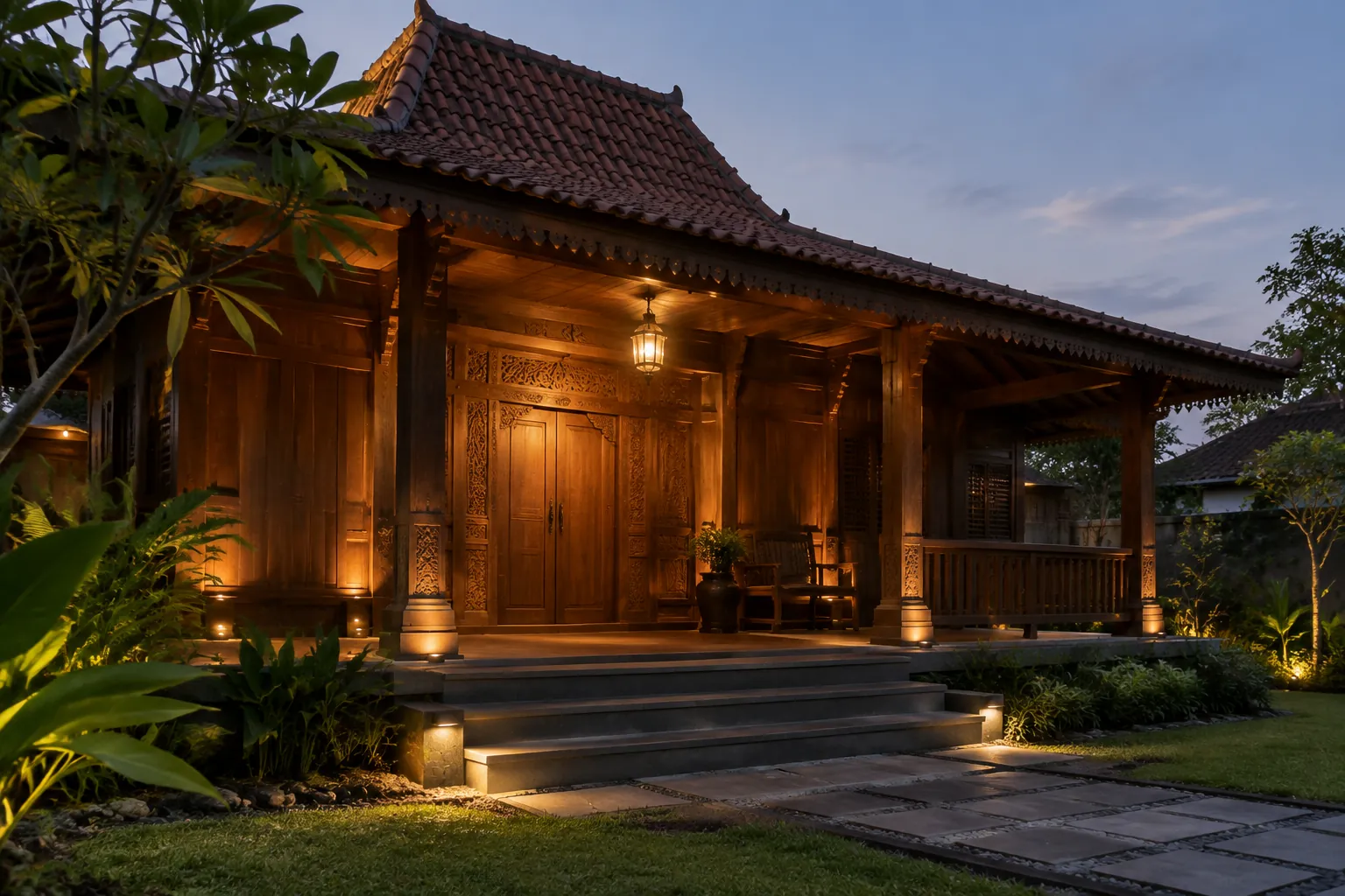 Fasad rumah kayu berlampu hangat di sisi teras