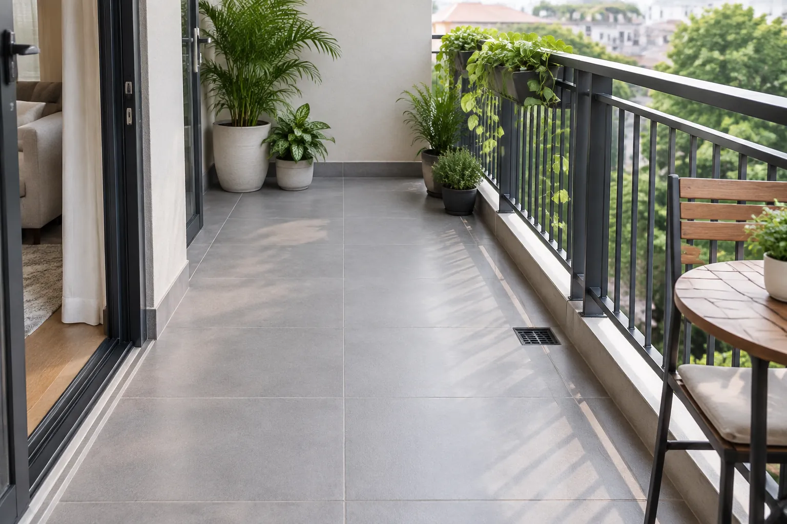 Balkon dengan jalur lantai terbuka menuju railing