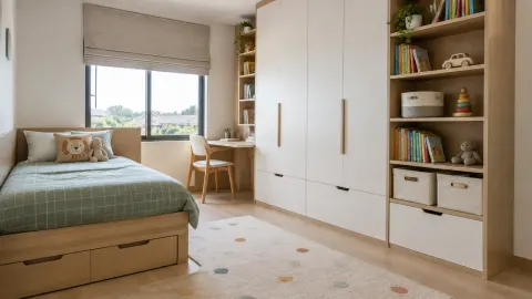 Kamar anak dengan lemari tanam dan tempat tidur berlaci
