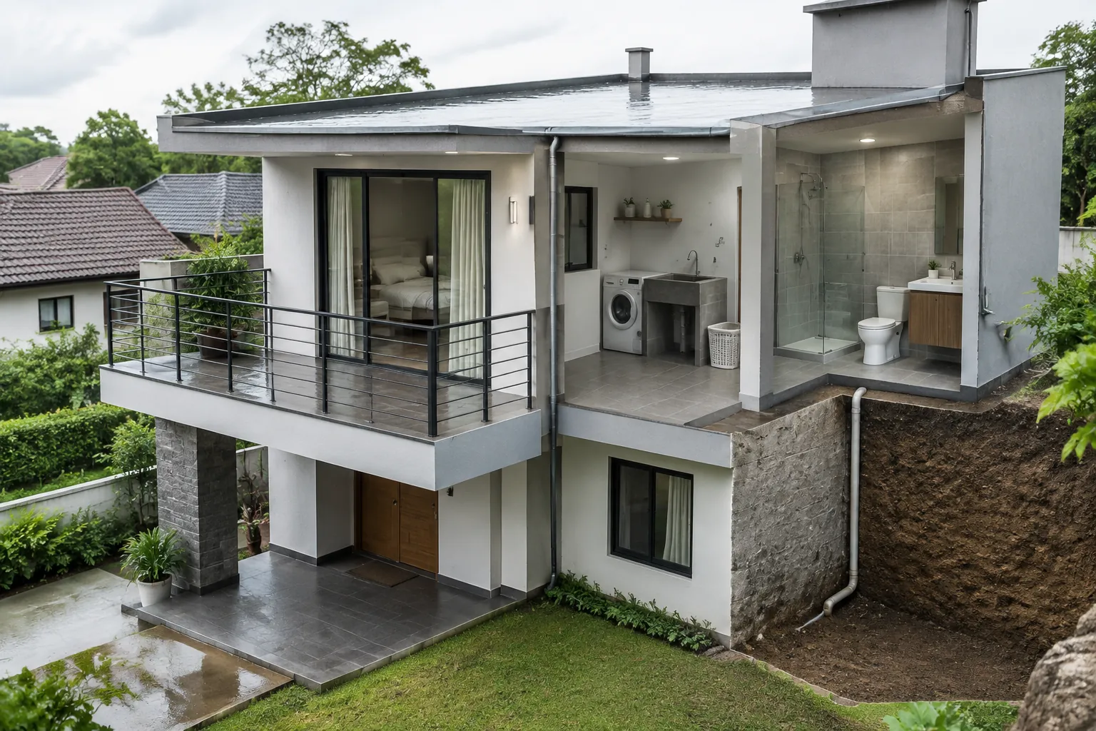 Rumah bertingkat dengan balkon dan dak yang terpapar cuaca