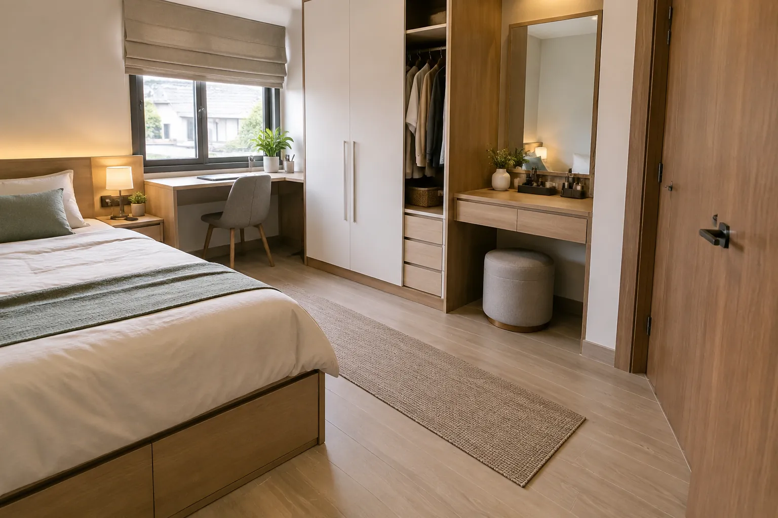 Kamar tidur dengan meja kerja dekat jendela dan lemari di samping ranjang